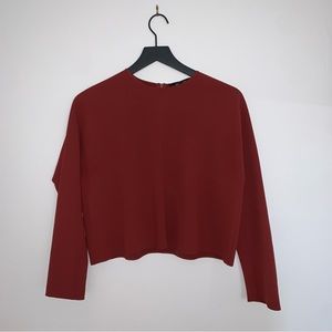 ZARA Maroon Box Cut Cropped Long Sleeve Blouse
